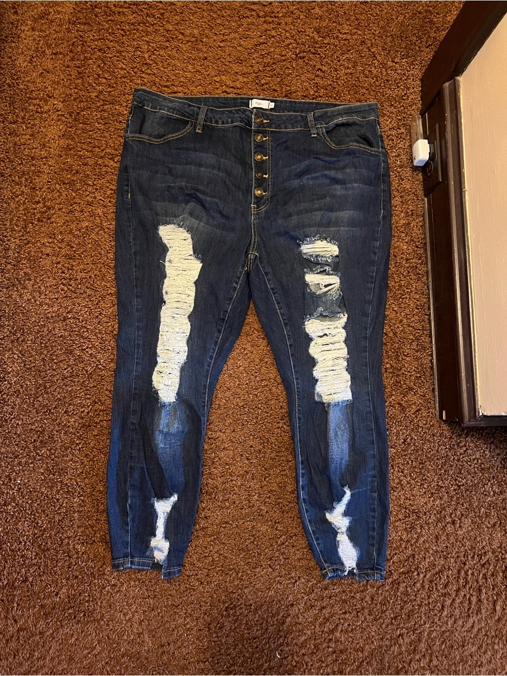 High-Rise Dark Blue Skinny Jeans with Distressed Knees